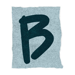 Flat design dark teal letter B is being shown on torn light blue paper, transparent background