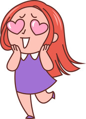 Cartoon girl is hopping in flat design with pink heart-shaped eyes, transparent background