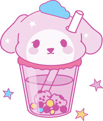 Stylized kawaii cup is featuring pastel pink boba with cartoon dog scoop on transparent background