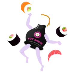 Fototapete Aroma Cartoon soy sauce bottle with limbs is floating with sushi pieces, flat cartoon on clear background  © vectorfusionart