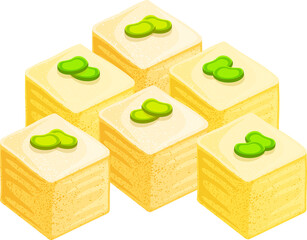 Six tofu-like cubes are sitting in flat design, with green edamame garnish on transparent backdrop