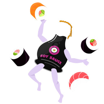 Fototapeta Cartoon soy sauce bottle with limbs is floating with sushi pieces, flat cartoon on clear background