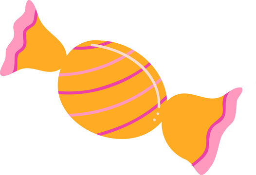 Naklejki Wrapped candy is shining in flat style with orange core and pink stripes on transparent background