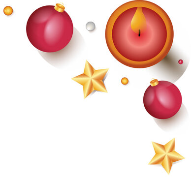 Naklejki Xmas scene is floating on transparent canvas in 3D style showing red baubles, candle, golden stars