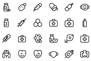 A vector line art icon set depicting various medical and healthcare symbols including pills bottles syringes first aid kits a clover leaf a face mask and more all rendered in black against a