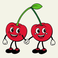 Cute cartoon cherries holding hands, with smiling faces and green leaves, on a light background