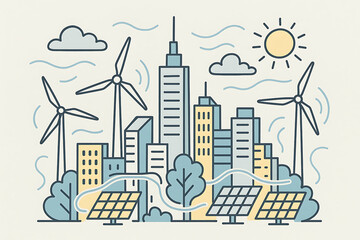 Modern city skyline with wind turbines and solar panels in doodle style
