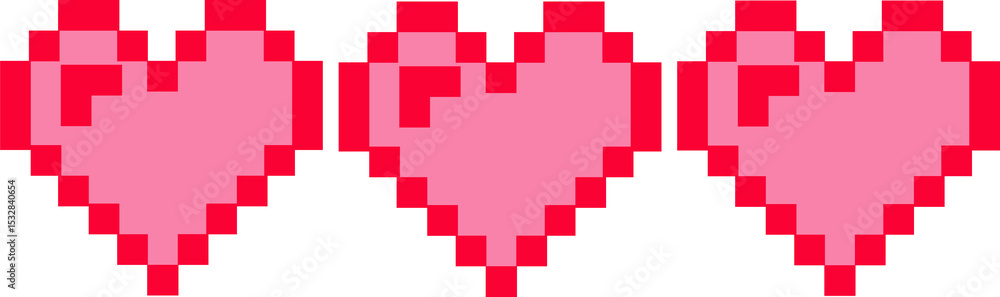 Poster three pixelated hearts are being shown in pixel art style on transparent backdrop
