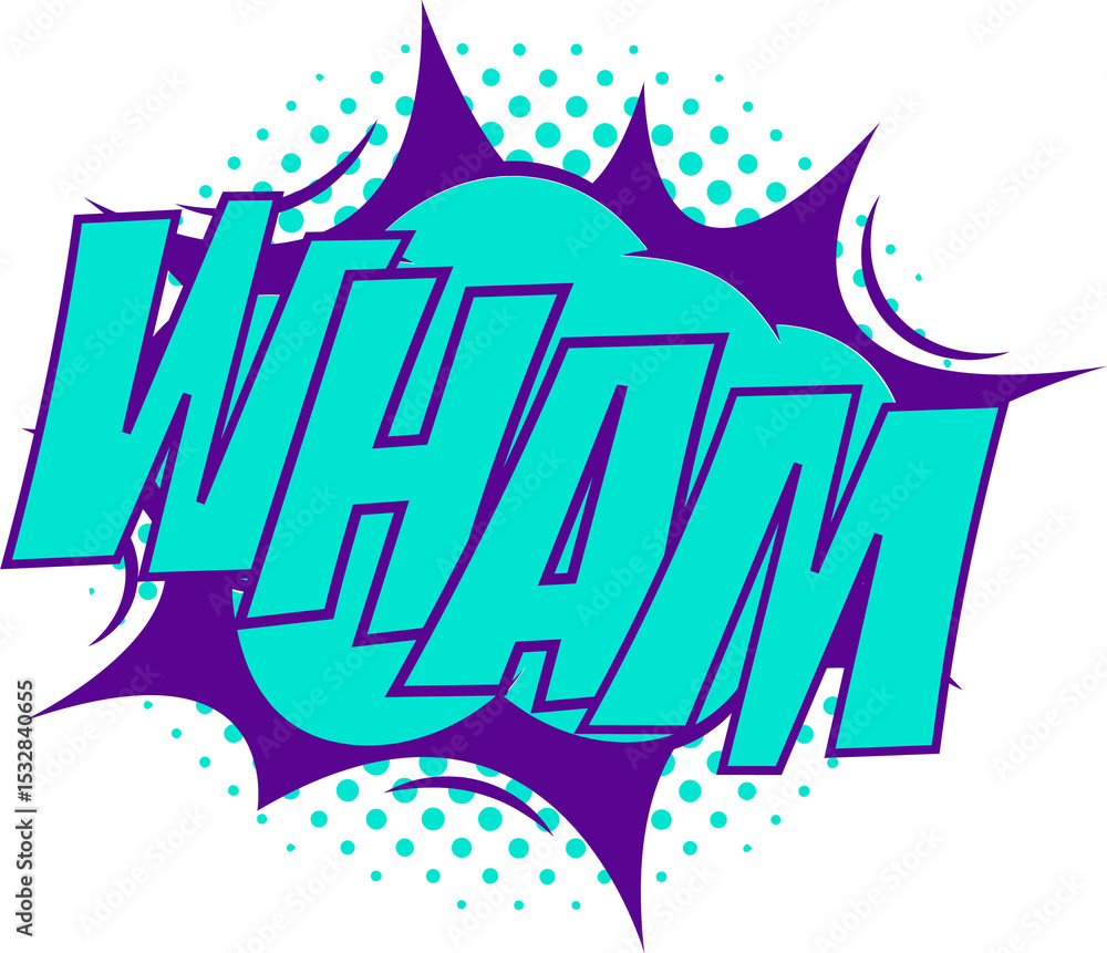 Poster stylized wham text popping up inside comic-style burst with halftone pattern transparent background