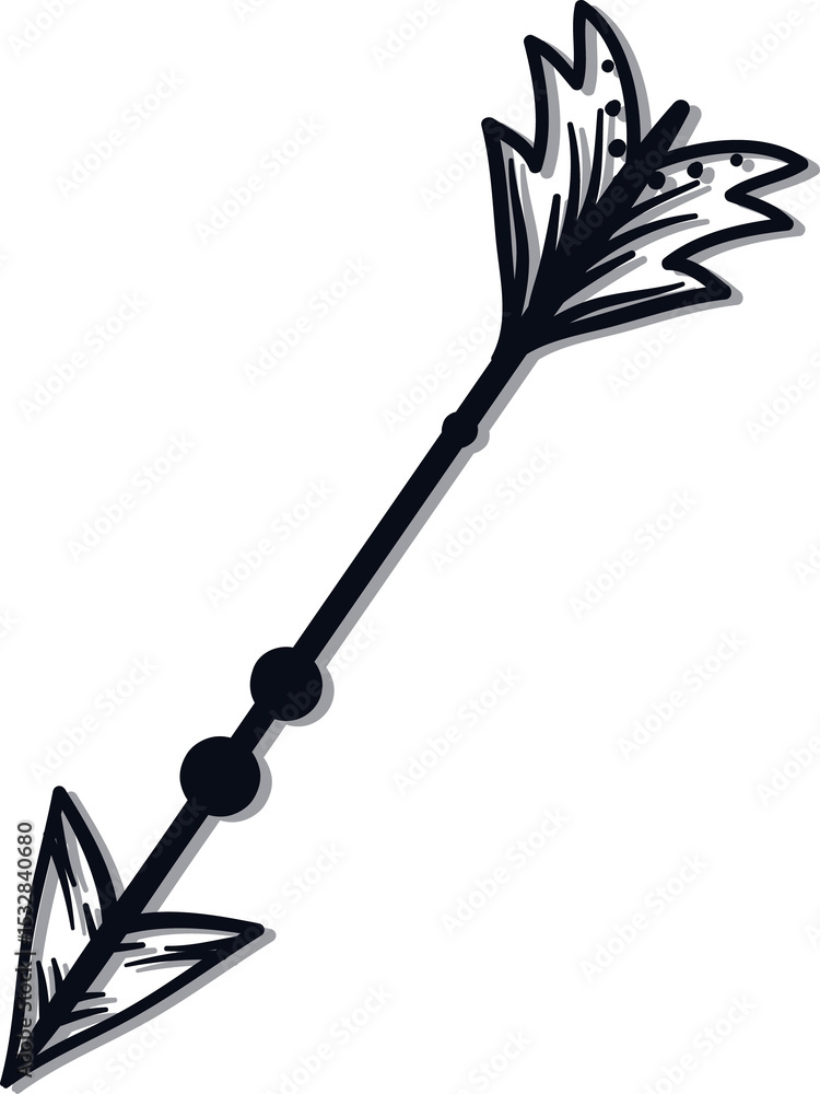 Poster stylized arrow is floating on transparent canvas showing beads, triangular head and spiky fletching