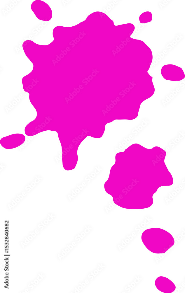Poster magenta paint splatter is floating in flat design on transparent layer showing two blobs and drops