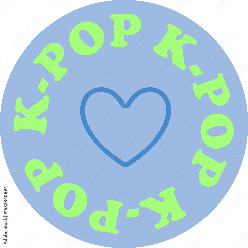 Poster showing stylized k-pop circle emblem mixing outlined heart and repeating text on clear canvas
