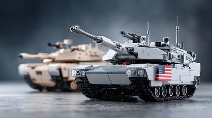 Naklejka premium Tanks toy near American flag on grey background