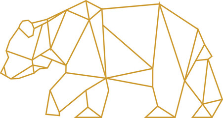 Polygonal bear silhouette is appearing in flat design with golden line art, transparent background