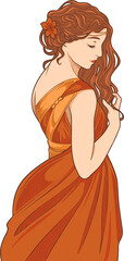Woman is posing in flat design, wearing orange gown and floral hair clip, transparent background
