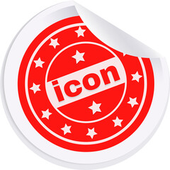 Red flat sticker is showing icon text with white stars, peeled corner, transparent backdrop