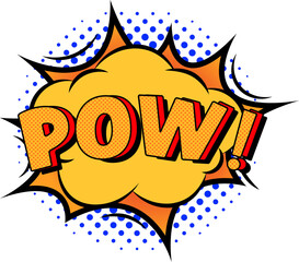 Comic burst is showing yellow cloud, POW text and blue halftone dots on transparent background