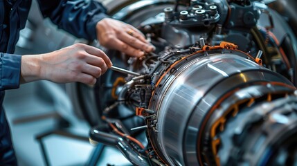 Obraz premium An engineer performs precision maintenance on a modern, clean jet engine.