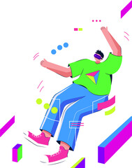 Man is floating in flat design wearing VR headset amid circular UI panels, transparent background