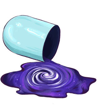 Naklejki Flat blue bucket is spilling galaxy-like purple liquid swirl on transparent background, copy space