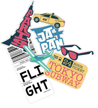 Displaying flat sticker collage with transparent background, featuring Eiffel Tower, boarding pass