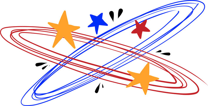 Naklejki Flat design overlapping red and blue rings are forming orbit with stars, drops on transparent bg