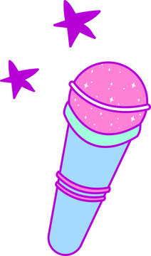 Naklejki Flat design pastel microphone shining with glitter and floating stars on transparent background