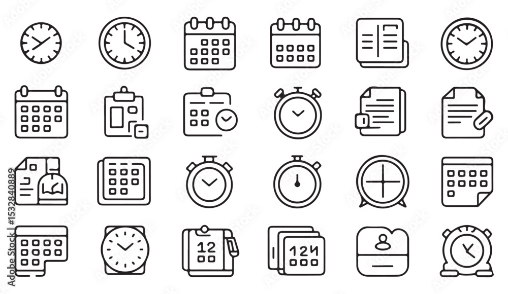Poster black and white vector line art icon set featuring clocks calendars documents and time management sy