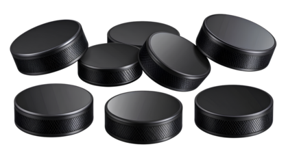  Sports Equipment Icons Black Hockey Puck Set on Transparent Background PNG