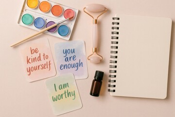 Self Care and Art Therapy Flat Lay with Affirmation Cards Watercolors Facial Roller Essential Oil and Sketchbook in Pastel Tones for Mindfulness and Wellness Concepts