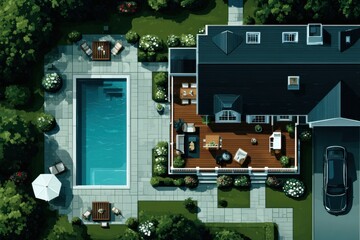 Luxurious villa with swimming pool: aerial view of upscale suburban home