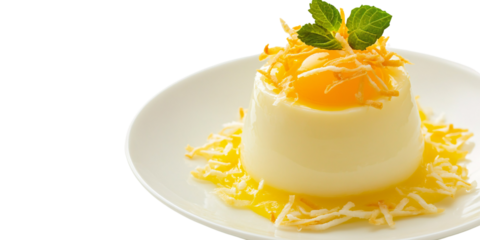 Delicious coconut panna cotta dessert with mango sauce and mint garnish on a white plate Sweet Italian dessert concept for restaurant menu and gourmet food photography