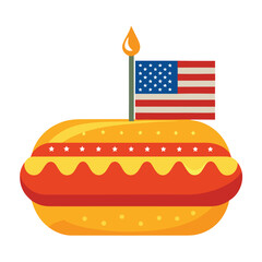 4th of July set of elements. USA Independence Day theme. A joyful birthday celebration with a sweet chocolate cake, vibrant candles, and festive party decorations