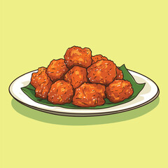 Pile of golden fried chicken pieces on green leaves and a white plate
