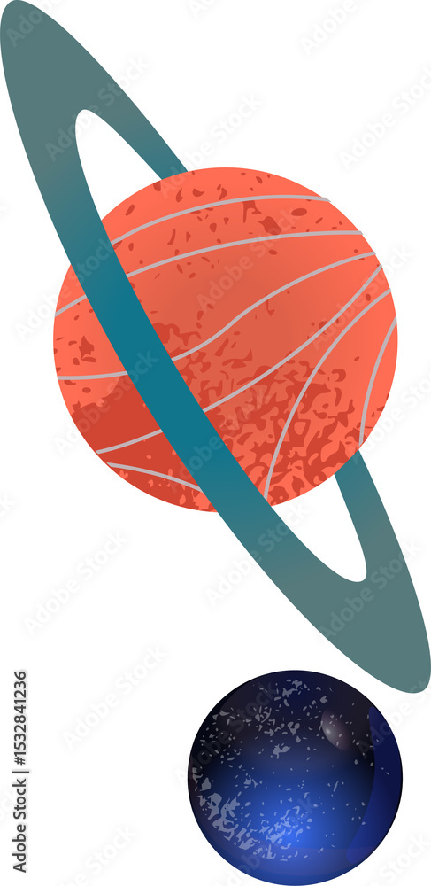 Aufkleber rendering two flat design planets in transparent void, showing red ringed orb and blue speckled orb