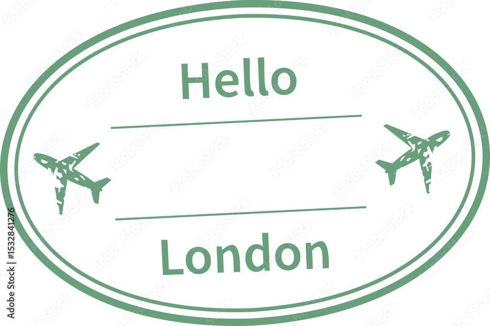 Poster flat stamp is showing oval with hello and london text and airplane icons on transparent background