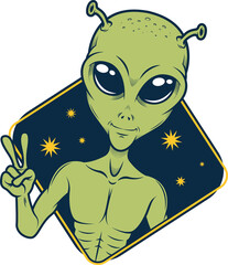 Fototapeta premium Flat-style green alien is making peace sign inside blue frame with stars on transparent background