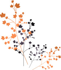 Two sprigs are intertwining in flat vector with orange and purple blossoms, transparent background