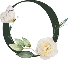 Flat design is showing green wreath with white rose, bud and butterfly on clear canvas