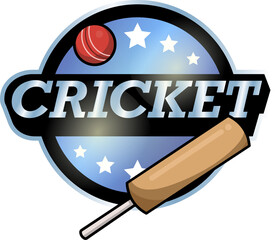 Showing 3D round cricket badge with metallic CRICKET bat ball stars on transparent background