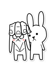 Flat design rabbit duo are standing on transparent backdrop showing hand pulling ear with glasses