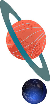 Naklejki Rendering two flat design planets in transparent void, showing red ringed orb and blue speckled orb