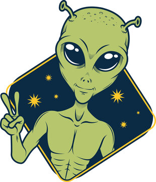 Naklejki Flat-style green alien is making peace sign inside blue frame with stars on transparent background