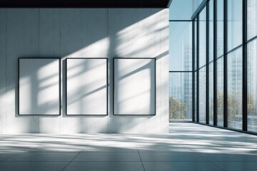 Obraz premium Three blank canvases hang on a concrete wall in a modern, sunlit room with large windows overlooking a cityscape