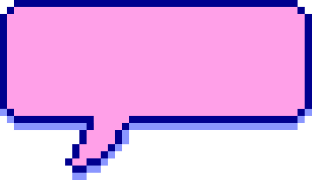 Pixel-art pink speech bubble is floating on transparent background with navy border and blue shadow