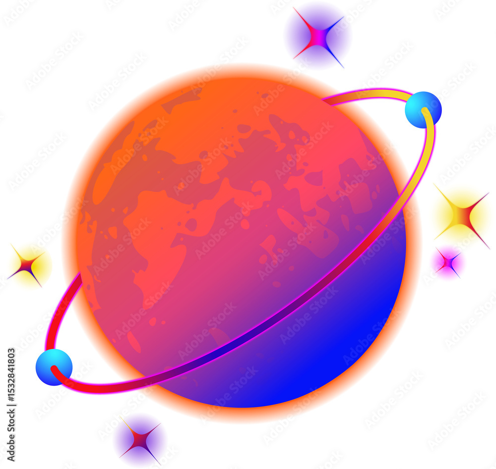 Aufkleber stylized orb showing gradient, orbiting ring wrapping nodes, floating stars on transparent backdrop