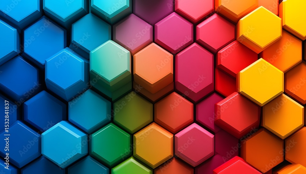 Poster colorful, three-dimensional hexagonal pattern.