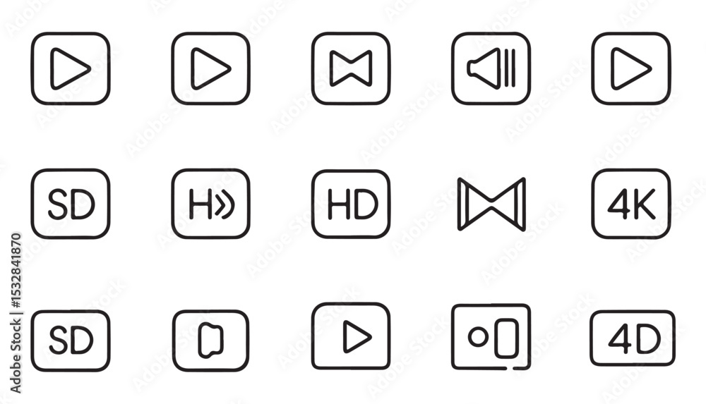 Aufkleber black and white vector line art icon set of video player controls including play pause rewind fast f