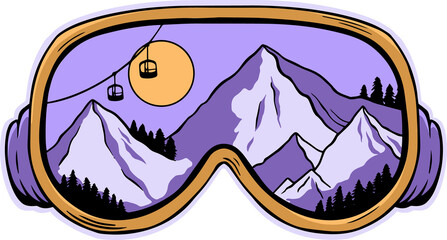 Flat design showing ski goggles reflecting peaks, pines and sun, gondolas on transparent background