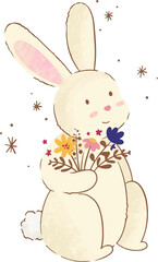 Cream-colored flat rabbit holding wildflower bouquet with sparks floating over transparent backdrop